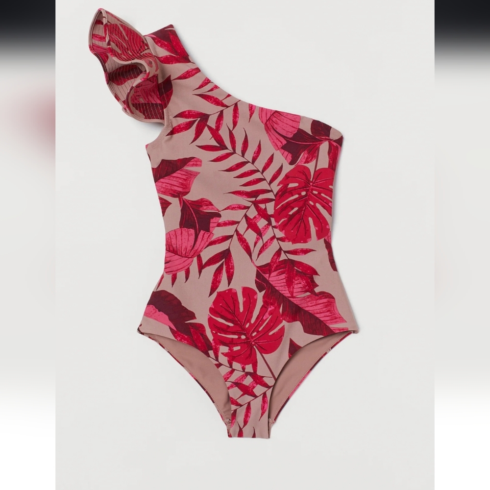 Johanna Ortiz X H&M Sz Xs fully lined, one-shoulder swimsuit beige/leaf print